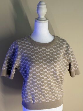 Michael Kors Taupe and White MK Logo Knit Short Sleeve Top